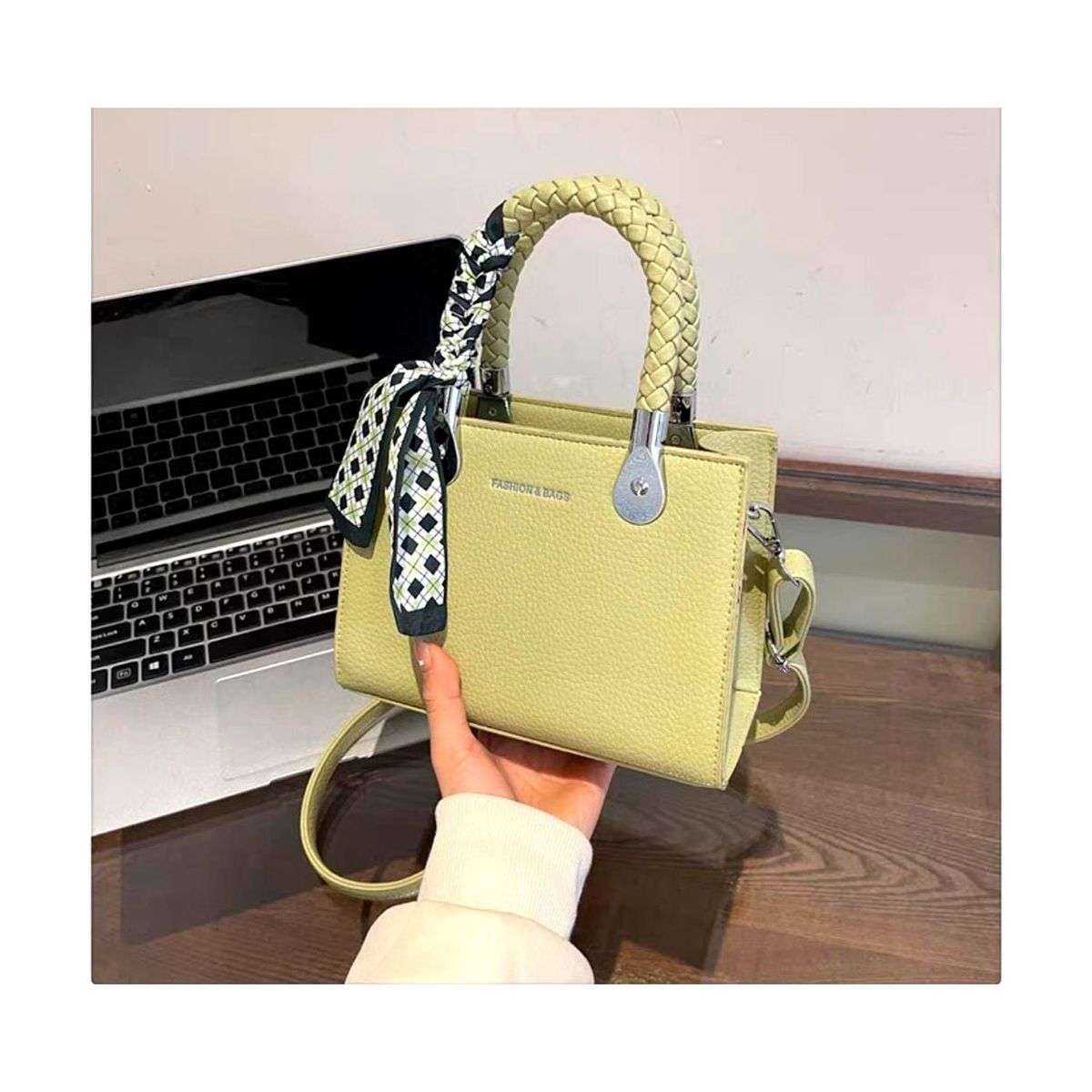 OEM - Cartera Bolso Coquette con Asas Trenzadas y Pañoleta Verde