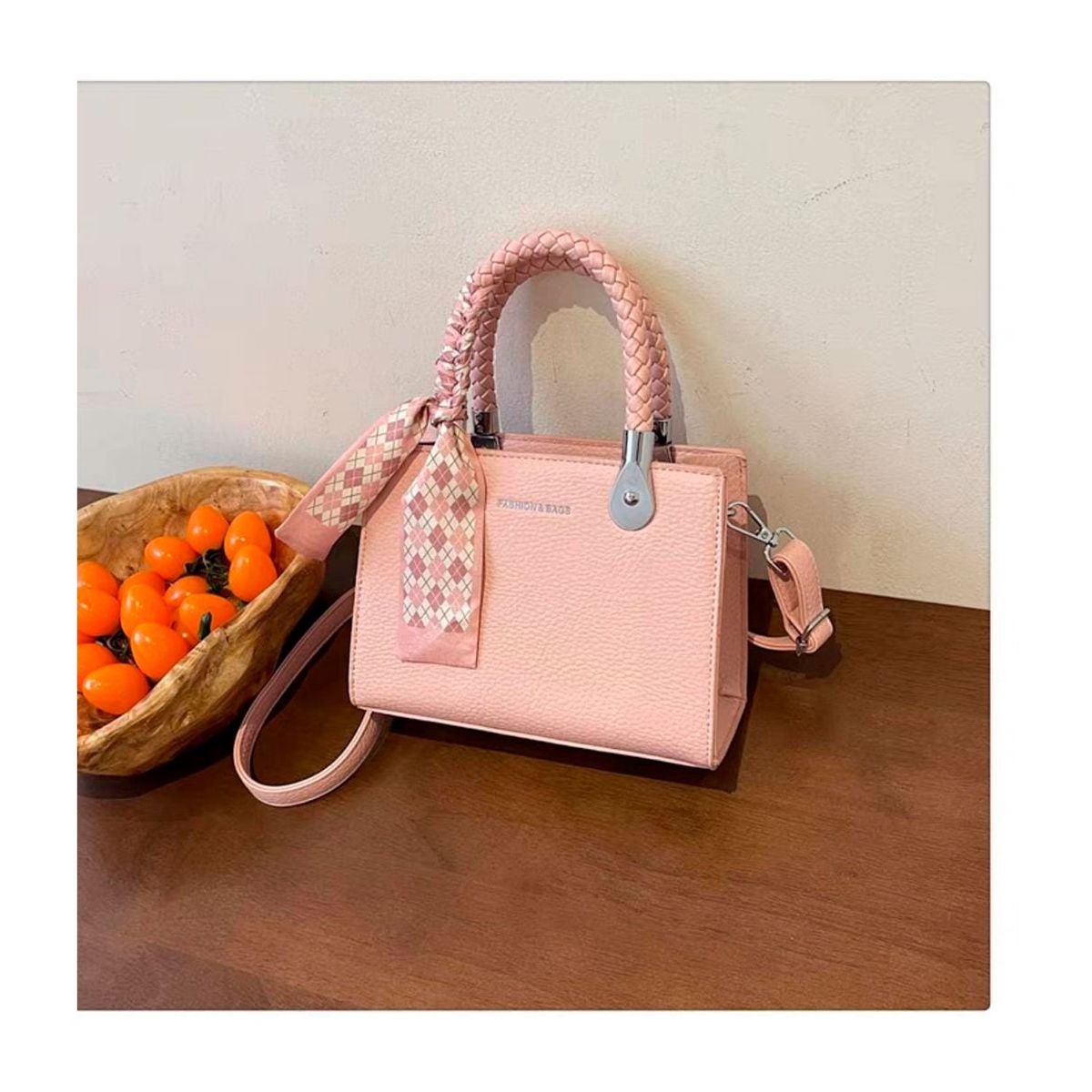 OEM - Cartera Bolso Coquette con Asas Trenzadas y Pañoleta Rosa
