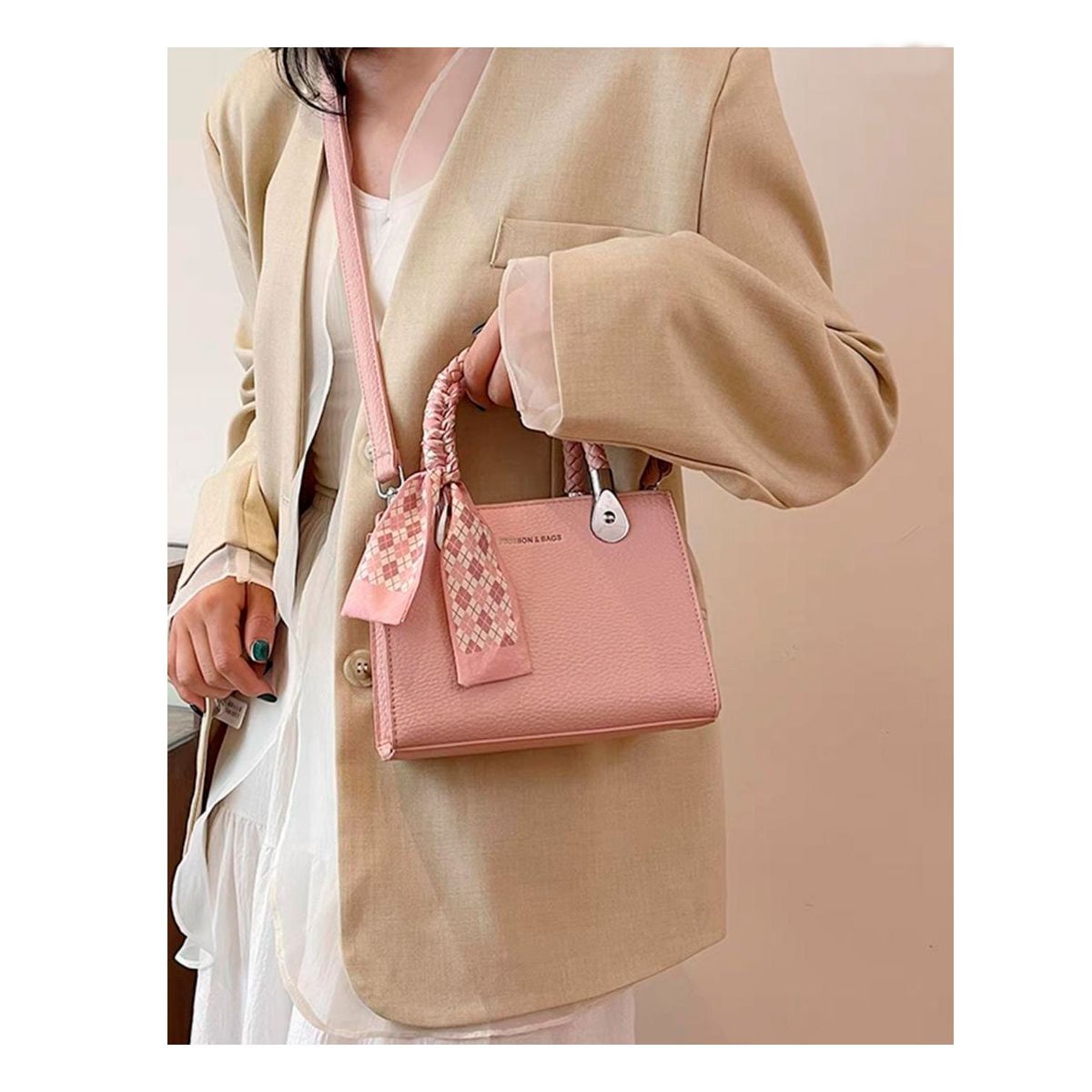 OEM - Cartera Bolso Coquette con Asas Trenzadas y Pañoleta Rosa