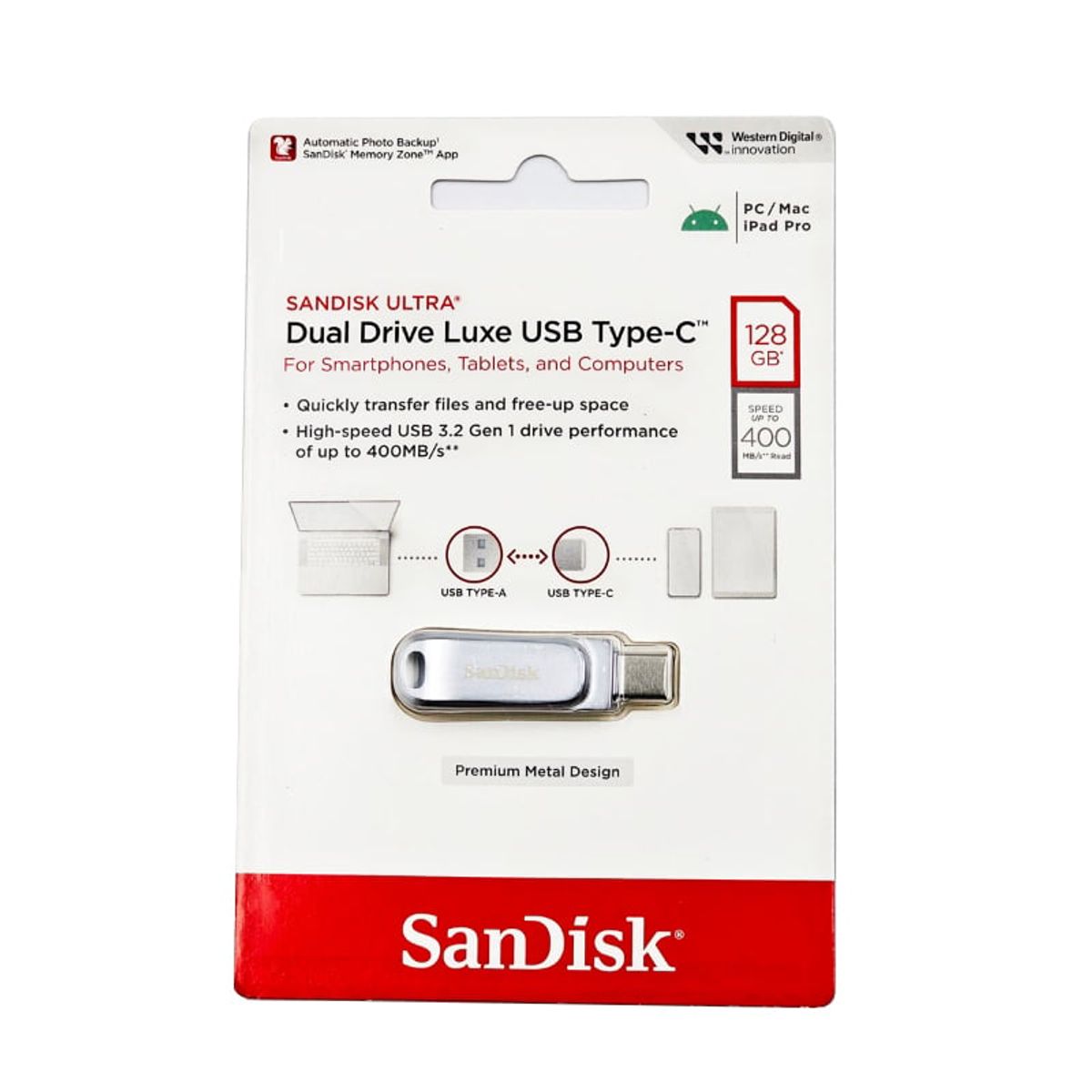 SANDISK - Memoria USB SanDisk de 128GB Luxe USB Tipo-C y Tipo-A - Hasta 400MBs
