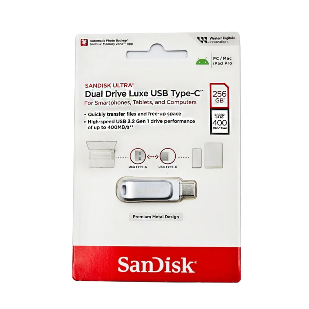 SANDISK - Memoria USB SanDisk de 256GB Luxe USB Tipo-C y Tipo-A - Hasta 400MBs