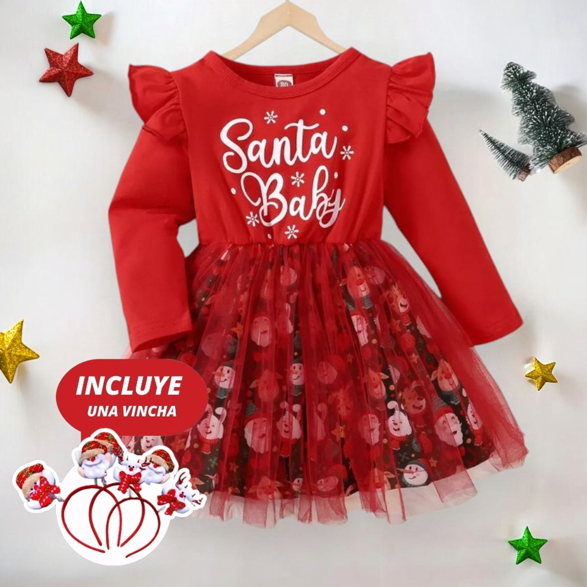 GENERICO - VESTIDO PARA BEBE NIÑA DE NAVIDAD + VINCHA