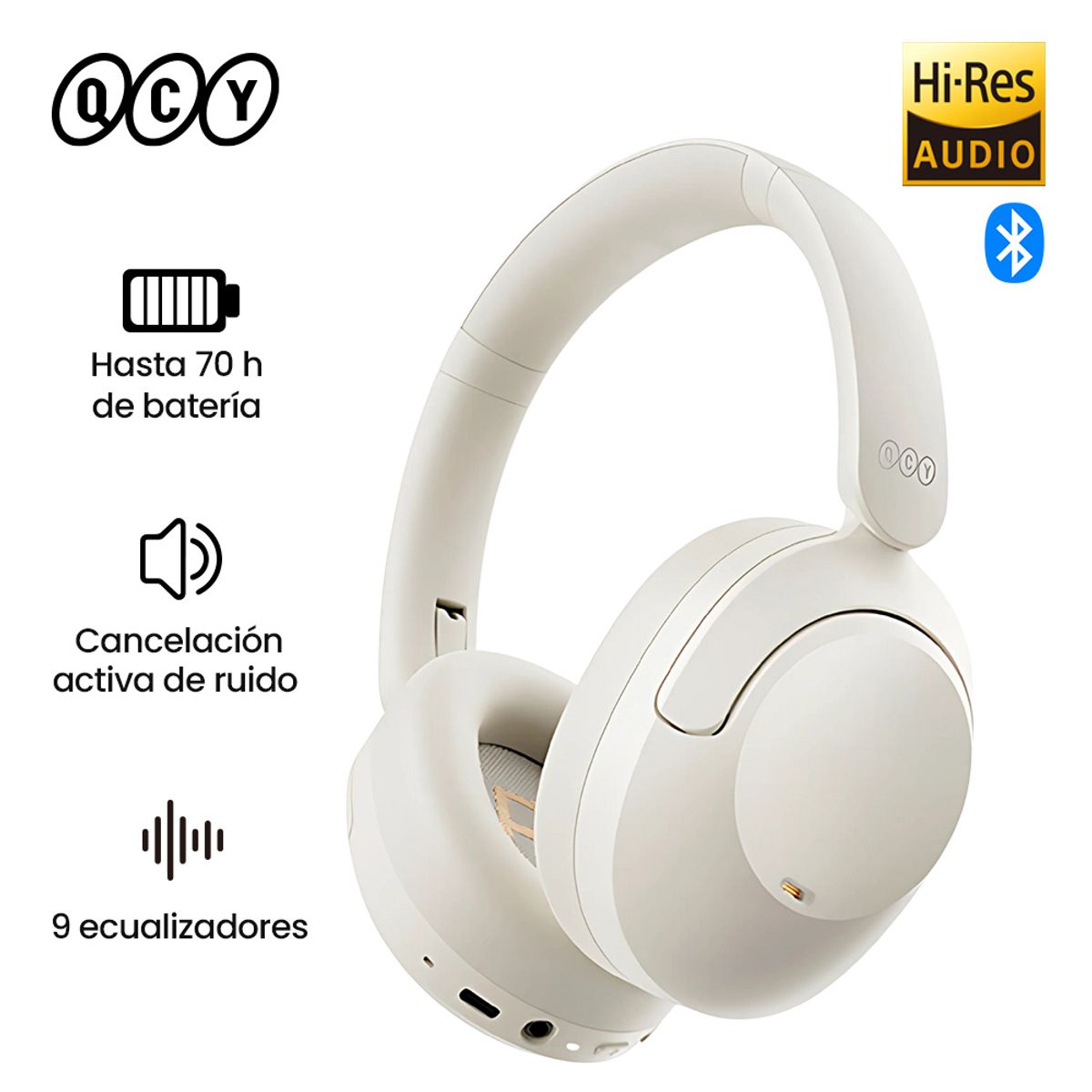 QCY - Audifonos Bluetooth QCY H4 Over-Ear ANC Hi-Res 70h Batería Blanco