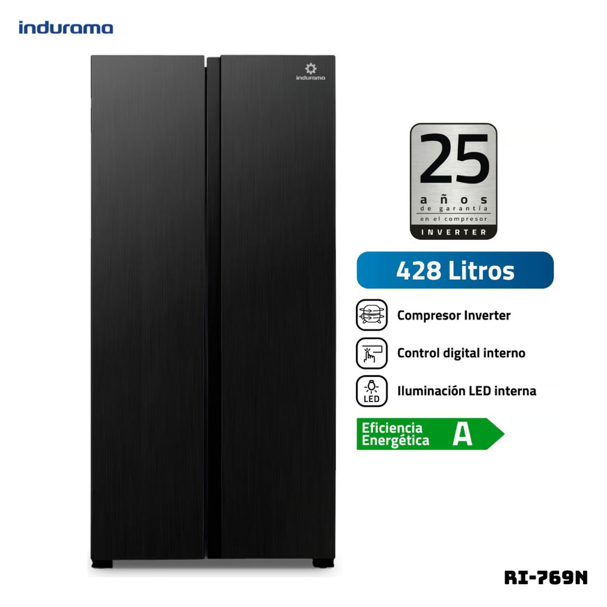 INDURAMA - REFRIGERADORA INDURAMA 428 L SIDE BY SIDE NEGRO - RI-769N