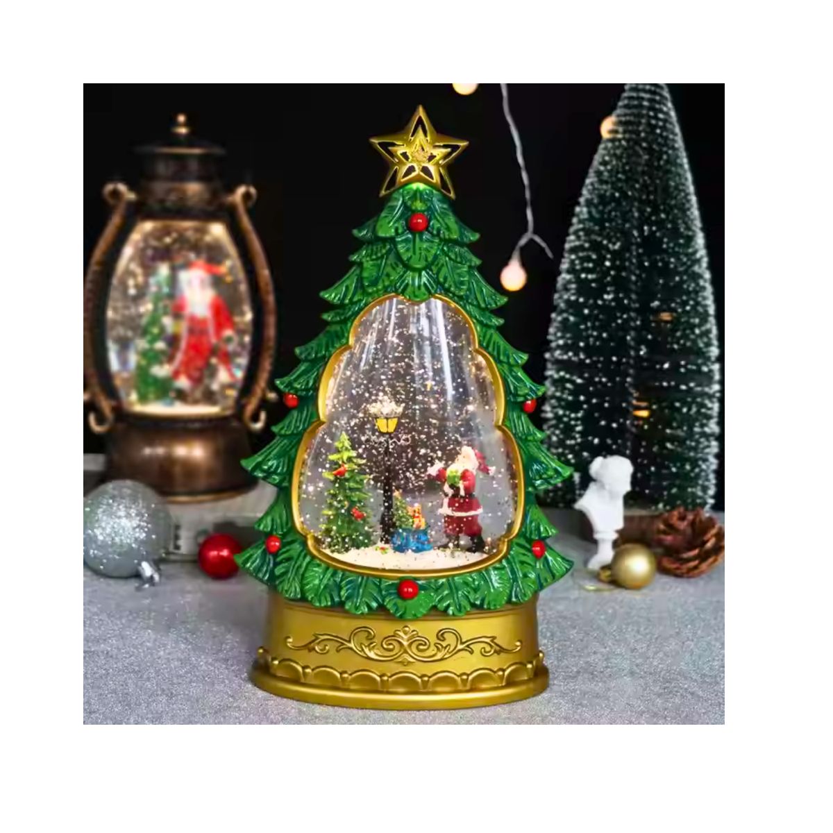 GENERICO - LAMPARA Y ADORNO DE ARBOL NAVIDEÑO CON PAPA NOEL DE NIEVE MUSICAL