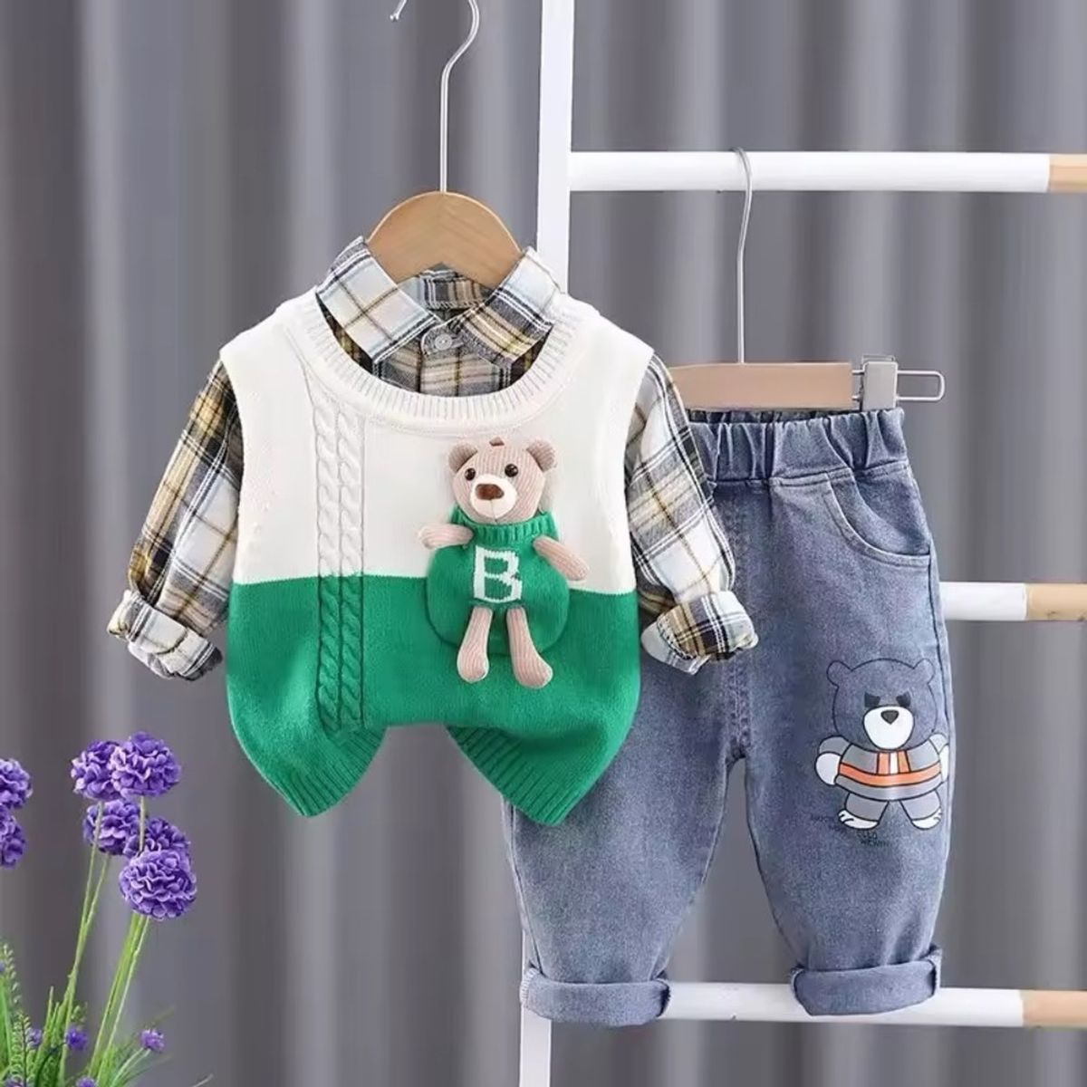 GENERICO - ROPA DE NIÑO NAVIDAD DE OSITO DE 3 SETS - CHALECO + PANTALON + CAMSA