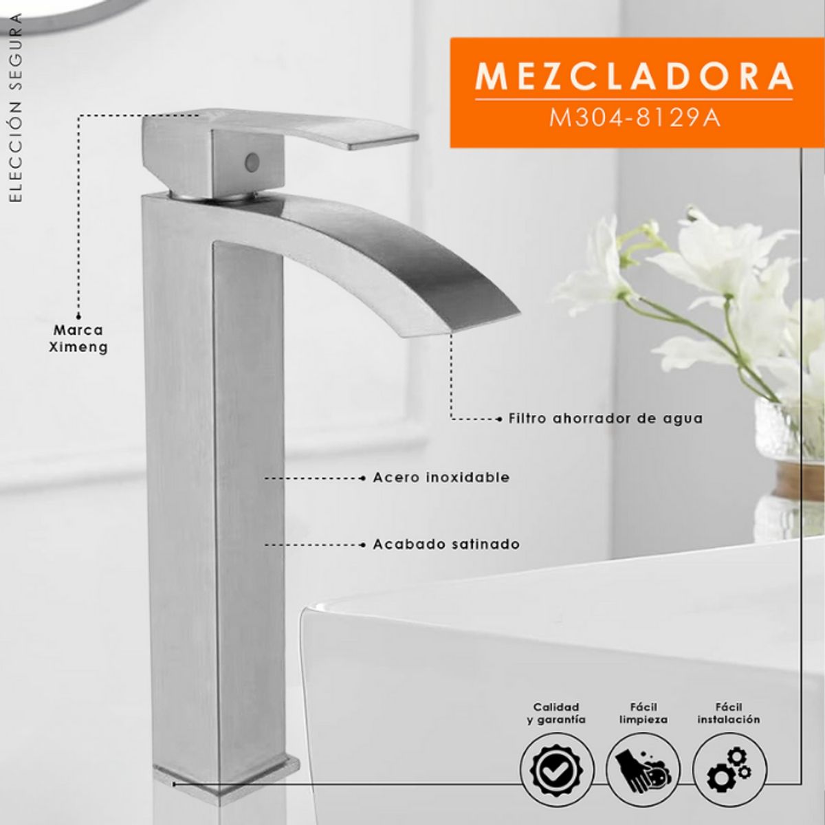 XM - MEZCLADORA MONCOMANDO DE LAVATORIO ALTO SATINADO CASCADA M304-8129A