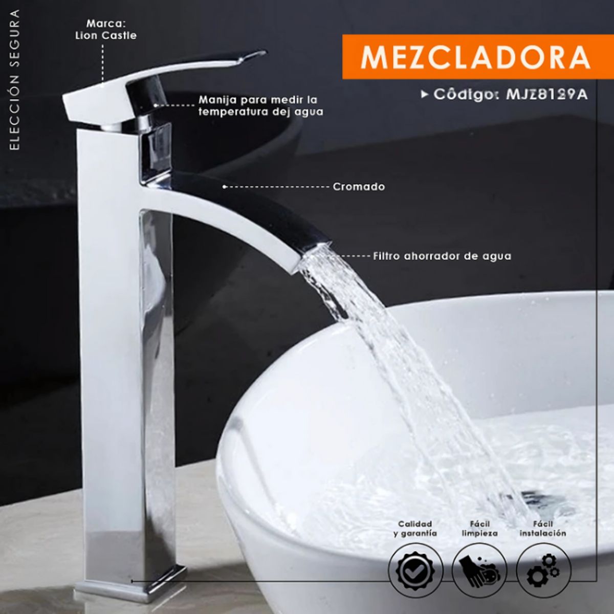 XM - MEZCLADORA MONCOMANDO DE LAVATORIO ALTO CROMADO CASCADA MJZ8129A