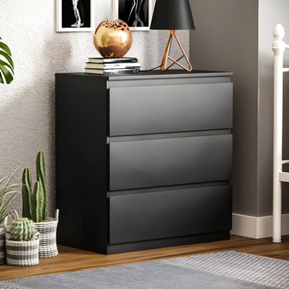 GENERICO - Comoda melamina 3 cajones Negro