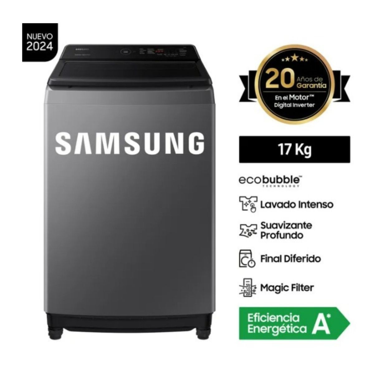 SAMSUNG - LAVADORA SAMSUNG 17KG WA17CG6441BDPE SMART ECOBUBBLE GRIS
