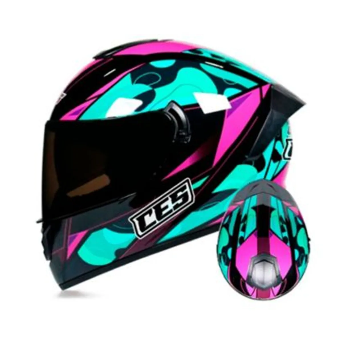 GENERICO - CASCO MOTO CES CERTIFICADO DOBLE VISOR VERDE ROSA - TALLA M
