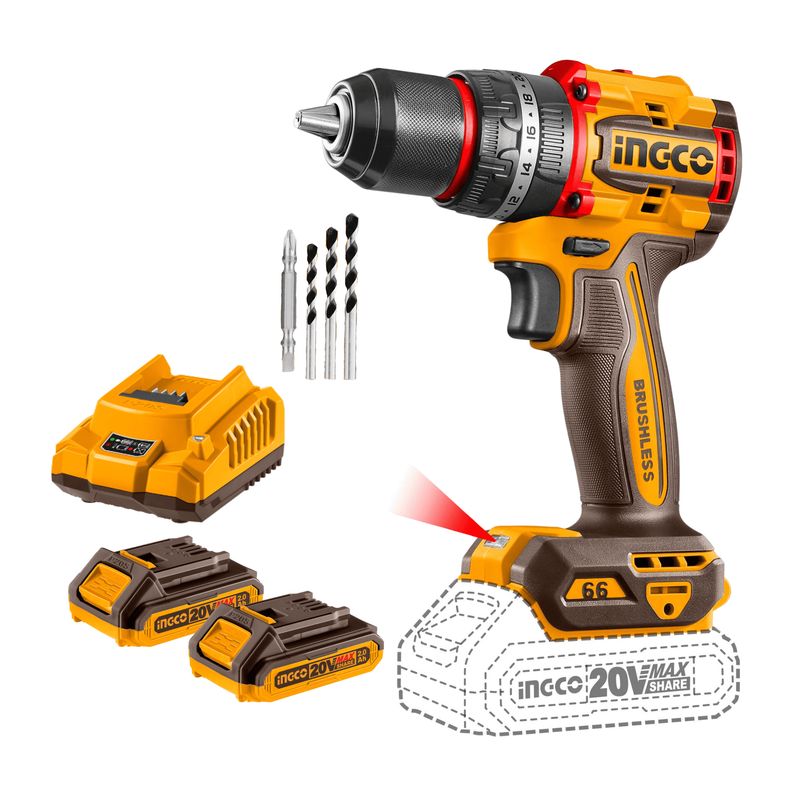 INGCO TOOLS - Taladro percutor 66nm industrial + 2 baterias 2ah Ingco