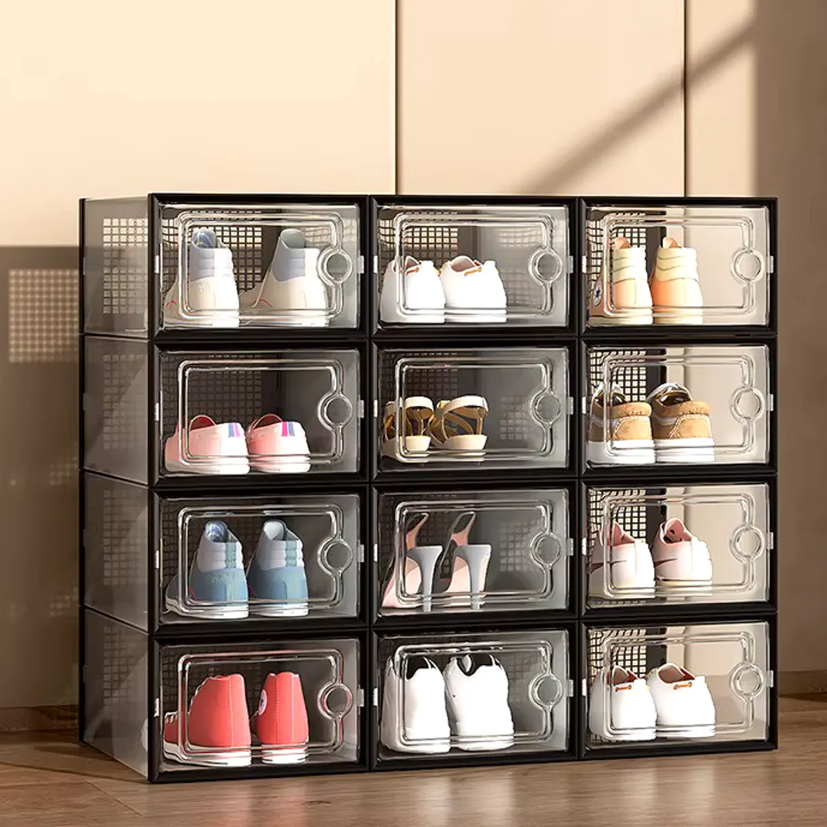 GENERICO - Pack x 10 Cajas Organizador De Zapatos Con Marco Doble - Negro