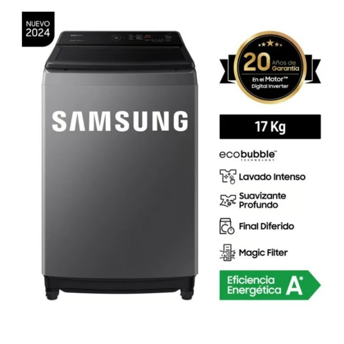 SAMSUNG - LAVADORA SAMSUNG 17KG SMART ECOBUBBLE WA17CG6441BDPE GRIS
