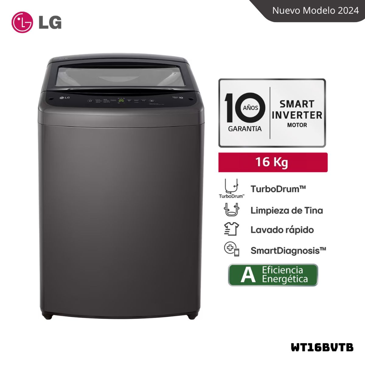 LG - LAVADORA LG TURBODRUM 16 KG CARGA SUPERIOR NEGRO CLARO - WT16BVTB