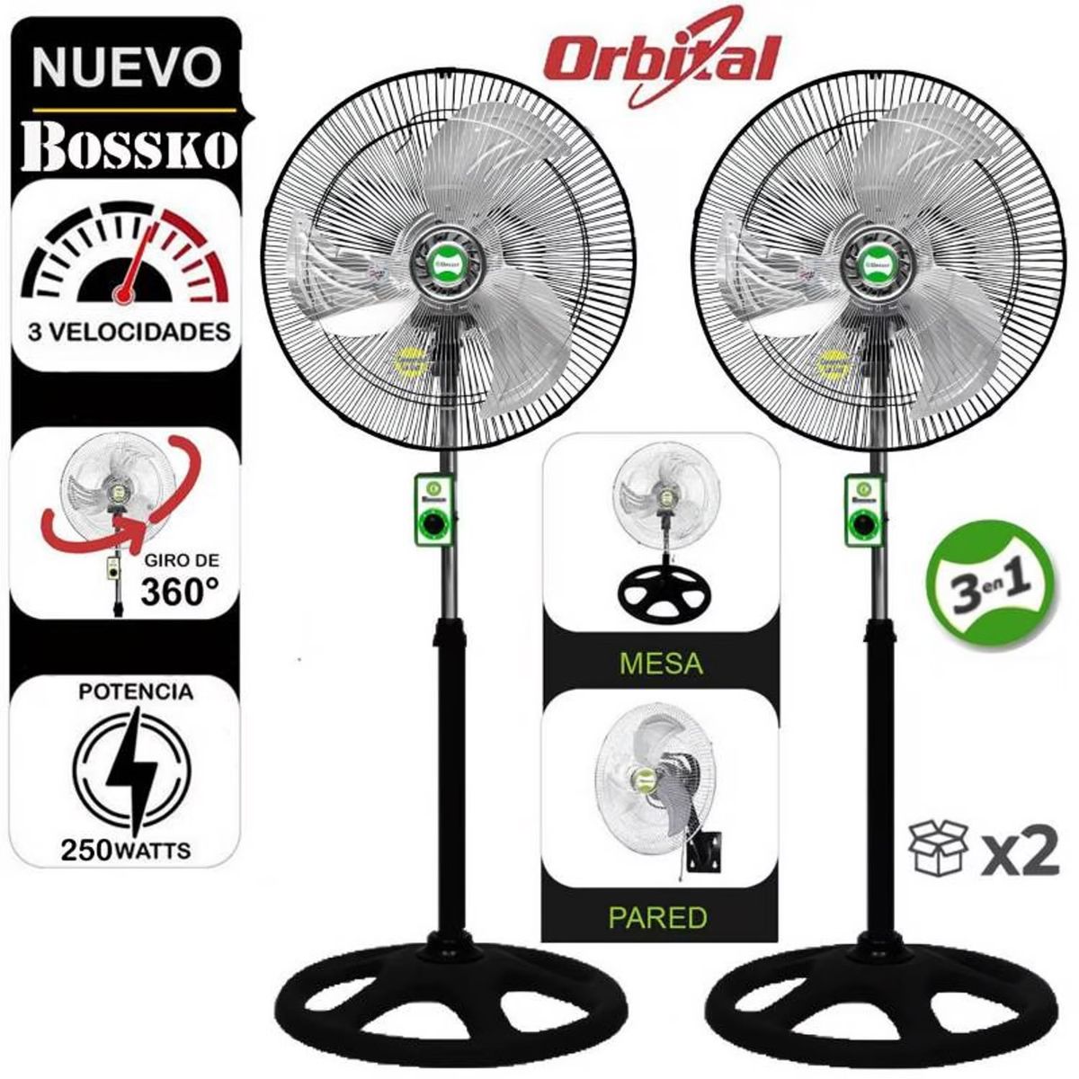 BOSSKO - Ventilador BOSSKO 3 en 1 BK-8220VO de 18" 250 WATTS X 2 UNIDADES