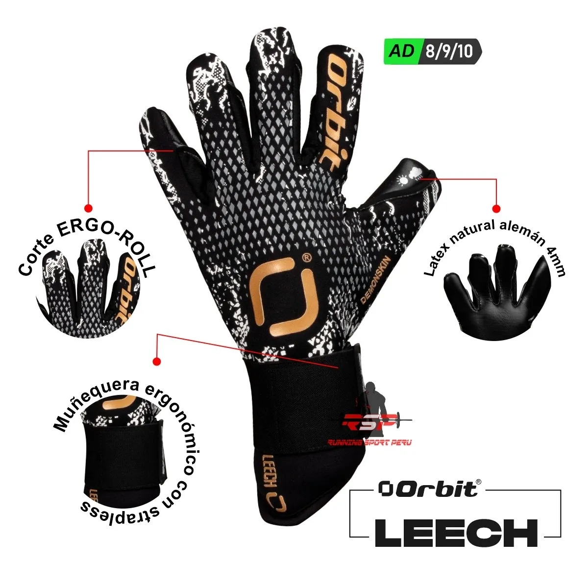 ORBIT - Guantes de Arquero Futbol Orbit Leech talla 8 negro