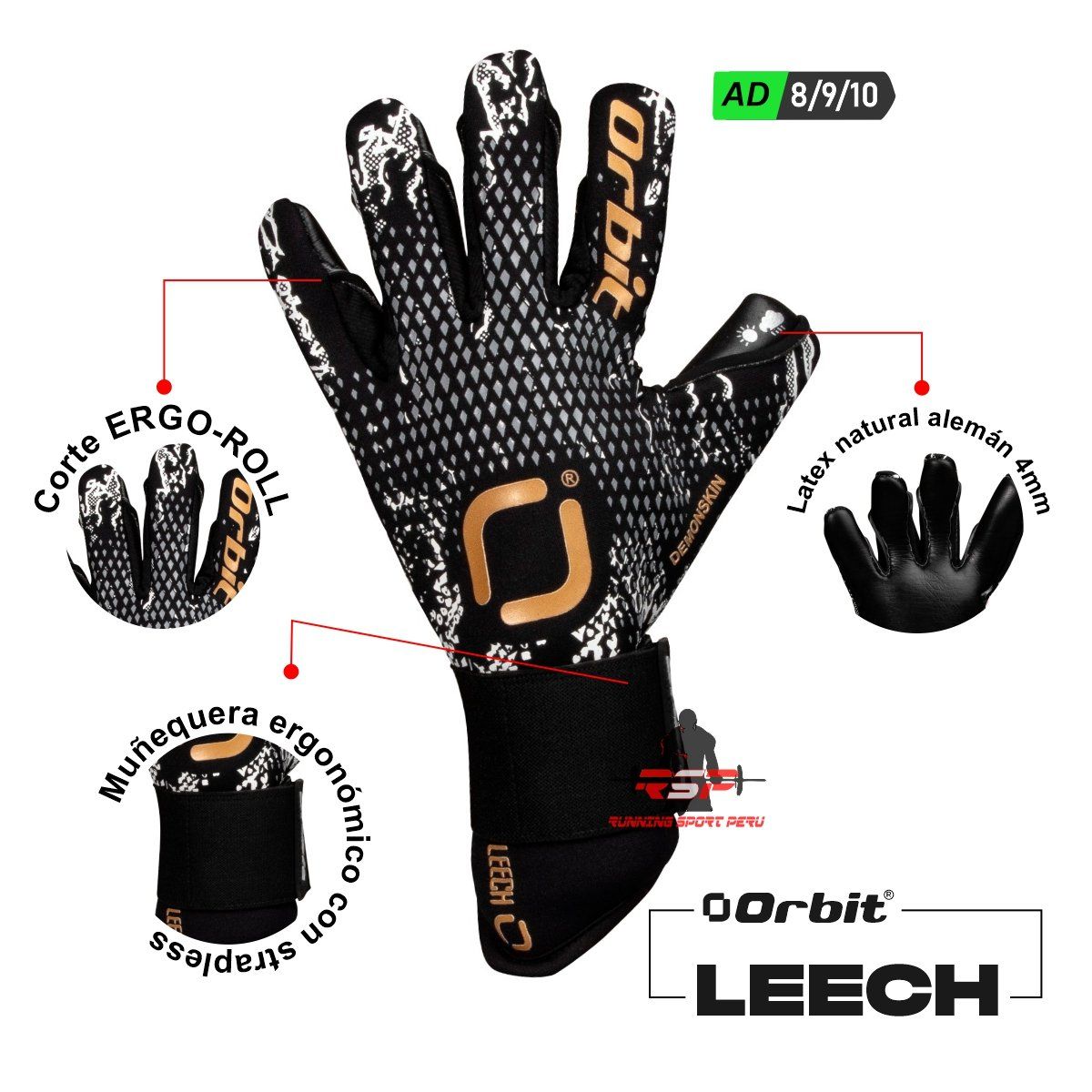 ORBIT - Guantes de Arquero Futbol Orbit Leech talla 10 negro