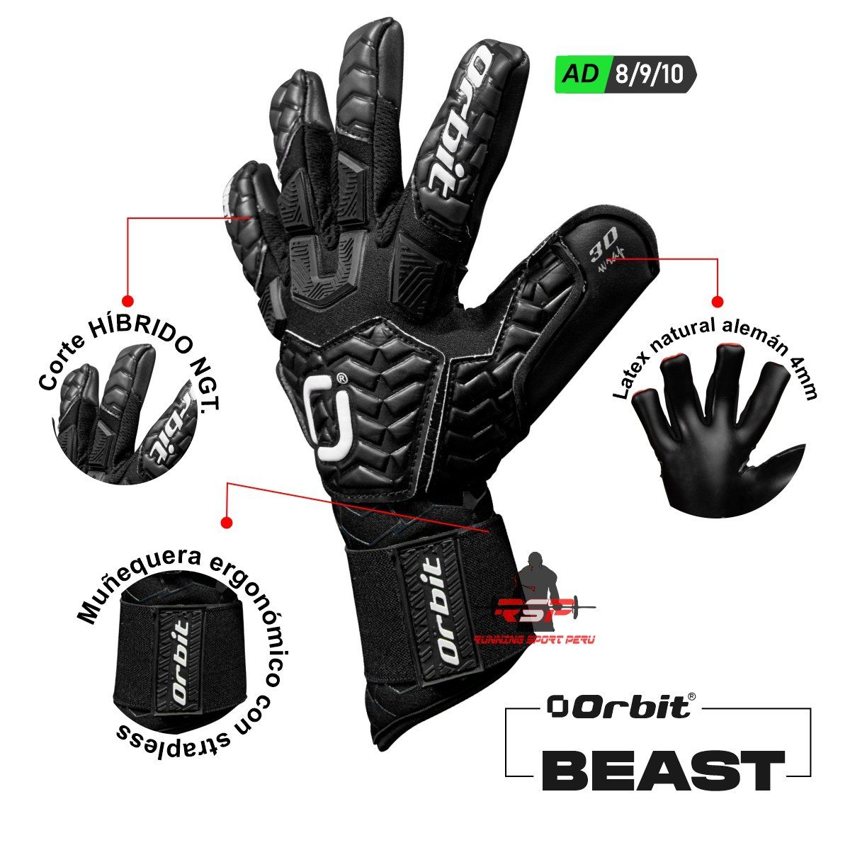 ORBIT - Guantes de Arquero Futbol Orbit Beast talla 10 negro