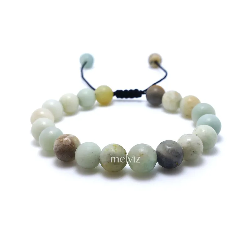 GENERICO - Pulsera de Piedra Natural Amazonita 8 mm Regulable Para Mujer y Hombre
