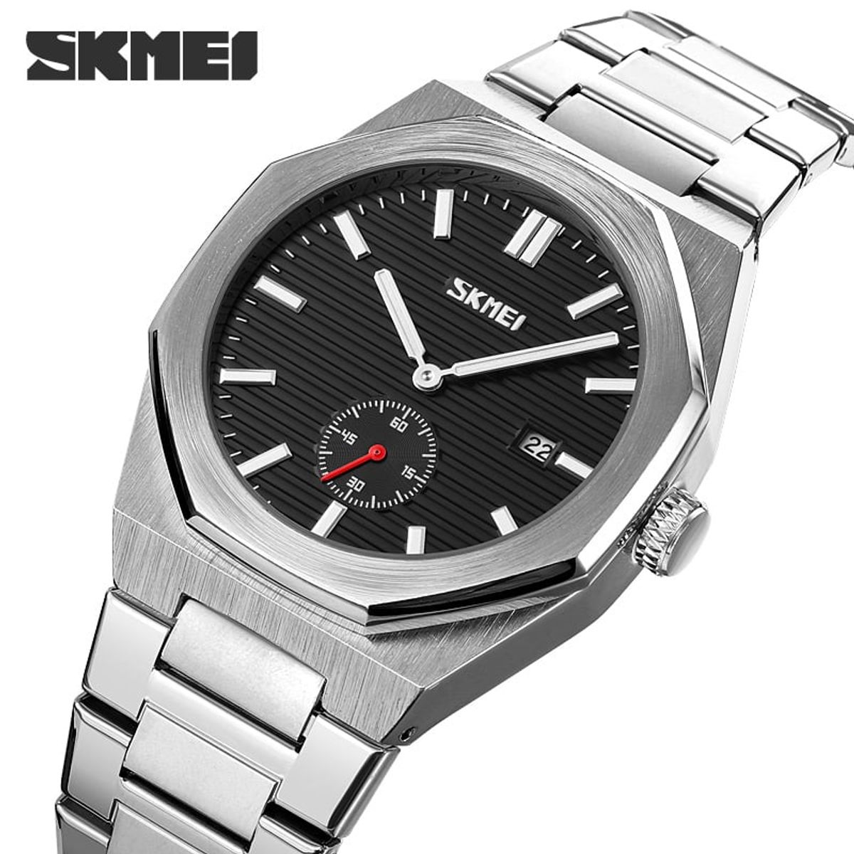SKMEI - Reloj Skmei 9262 Plateado fondo NEGRO analógo correa Acero