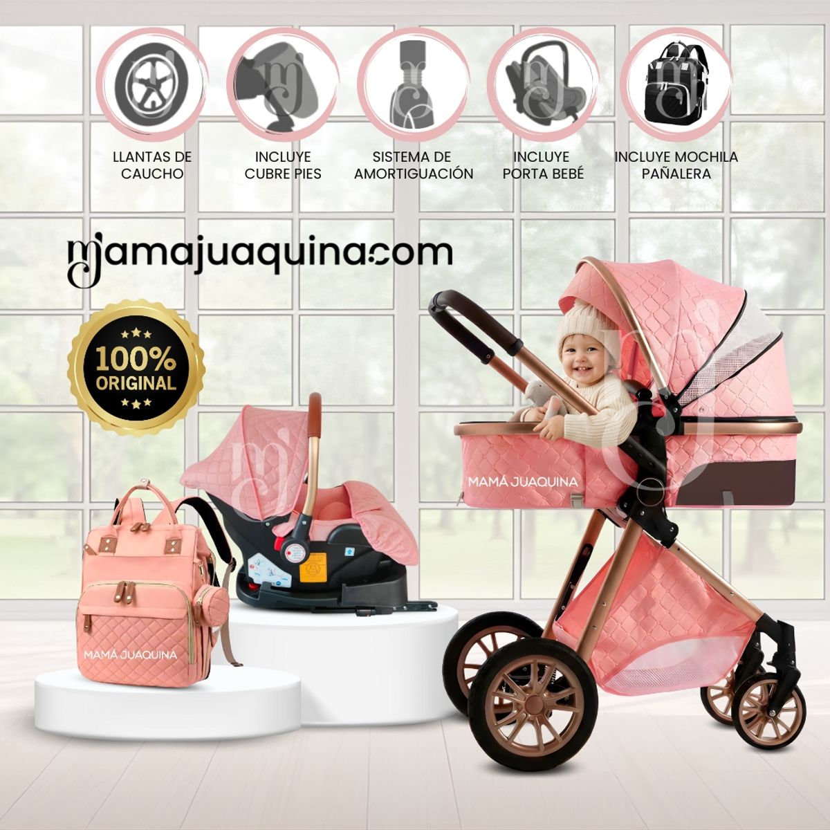 BABY - Coche Moisés Travel System «GOLD LABELL» Porta Bebé Pink