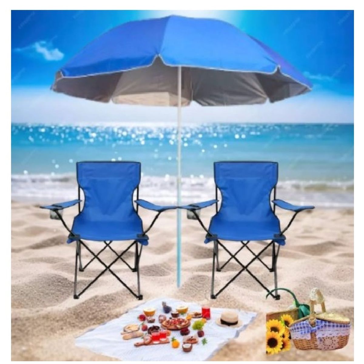 GENERICO - Kit Sombrilla 210cm y 2 asientos de playa Plegables Protección UV