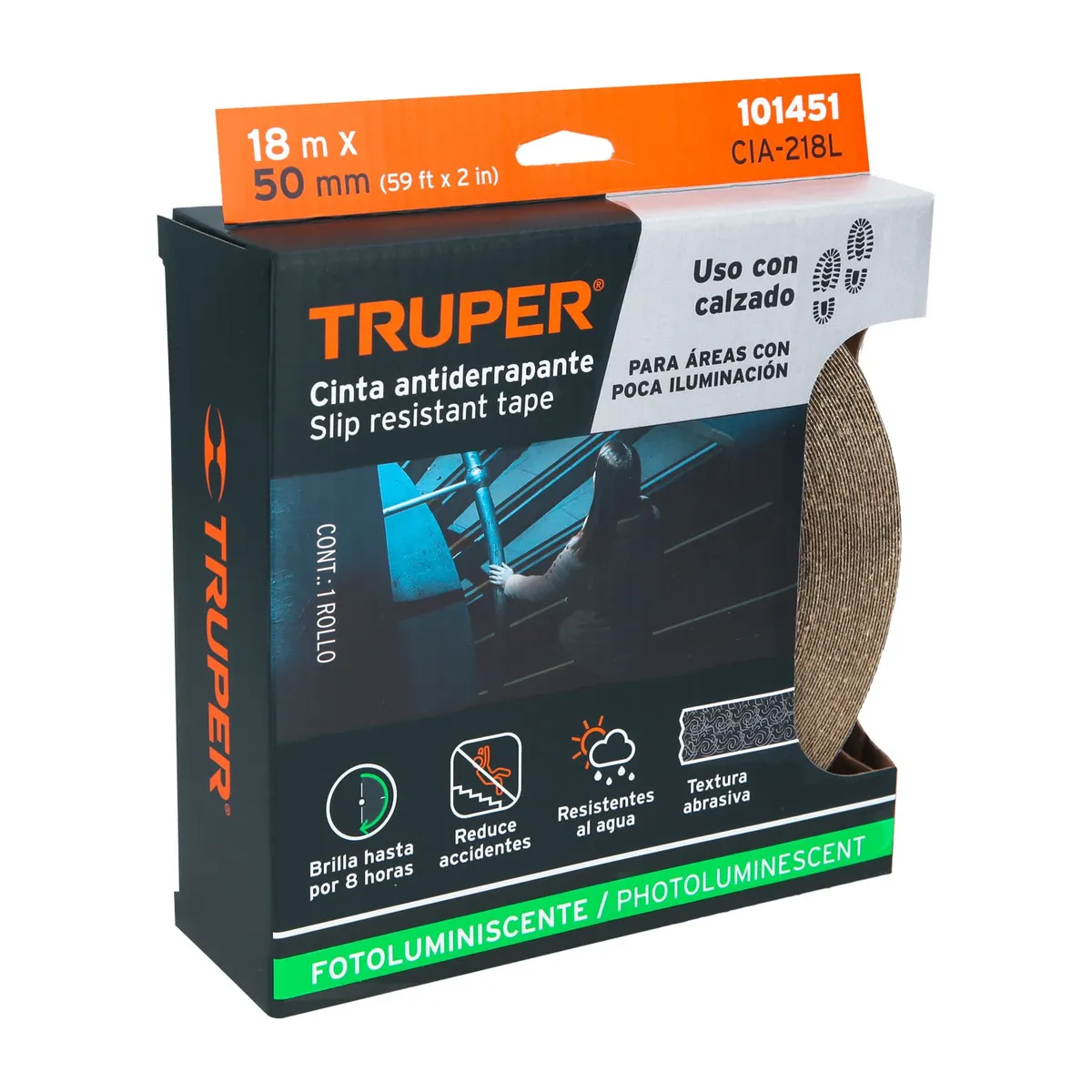 TRUPER - Cinta 2 x 18m Antideslizante Foto Luminiscente con Abrasivo 101451 Truper