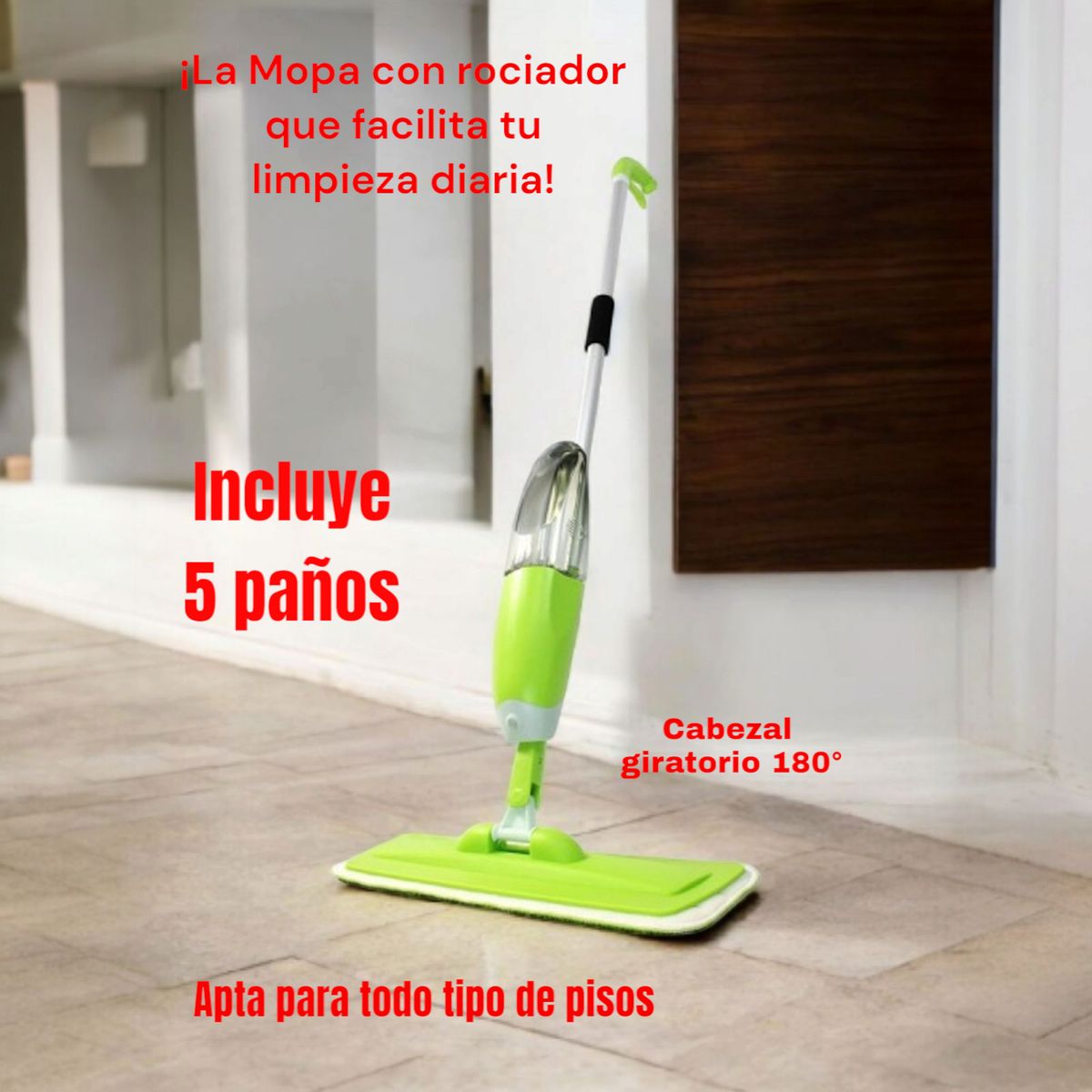 WELL BEING - Mopa con Rociador +5 Paños de Microfibra Reemplazables VERDE