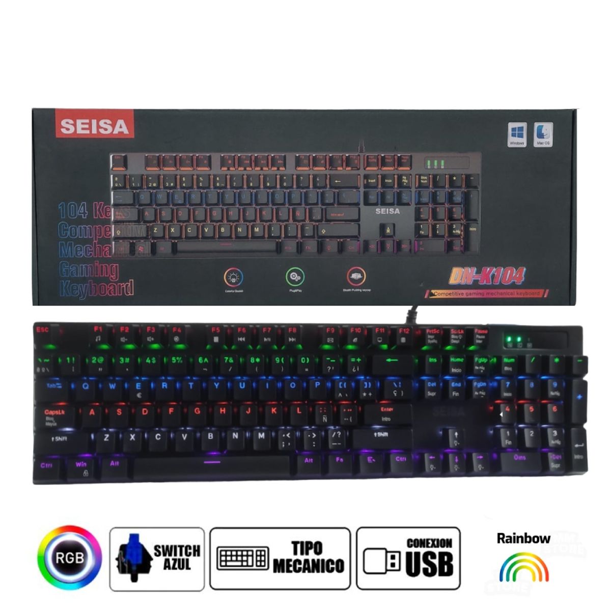 SEISA - Teclado Mecanico para Pc Laptop Luz RGB Efecto Arcoiris Cable USB