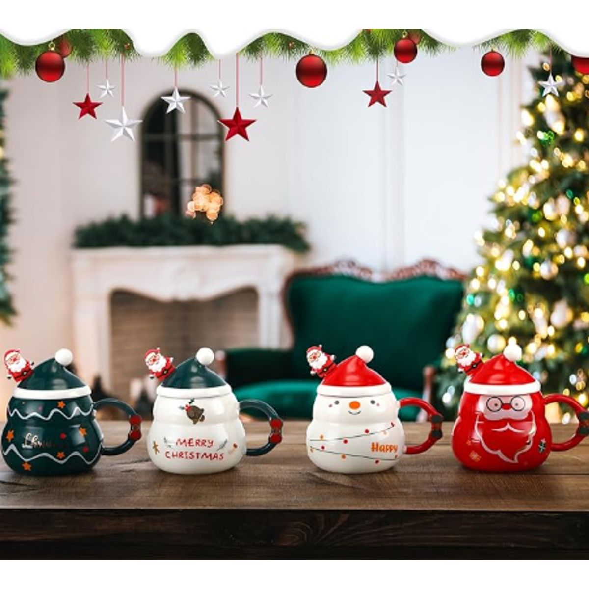 GENERICO - Taza Navideña con tapa de sombrero y cuchara de Papa Noel