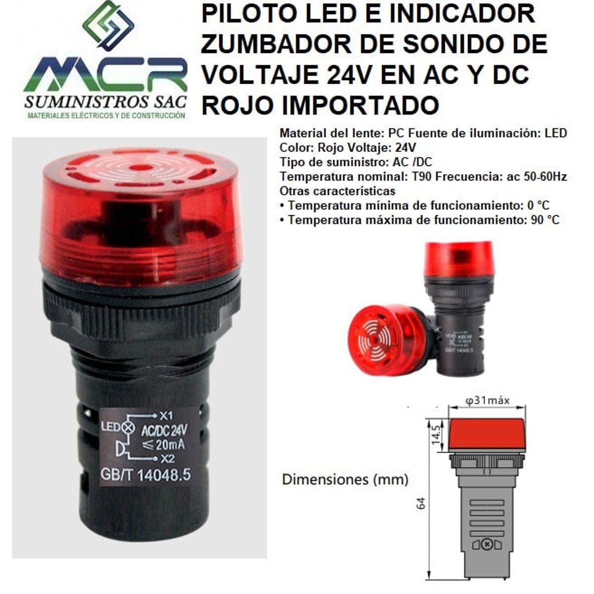 GENERICO - PILOTO LED INDICADOR DE SONIDO VOLTAJE 24V EN AC Y DC ROJO IMPORTADO