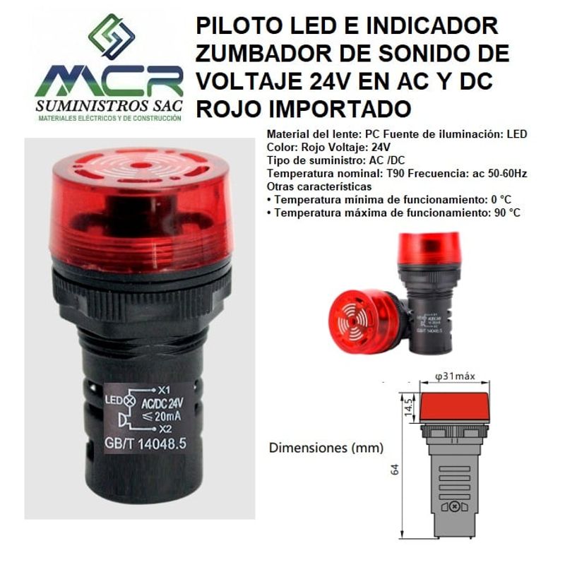 GENERICO - PILOTO LED INDICADOR DE SONIDO VOLTAJE 24V EN AC Y DC ROJO IMPORTADO