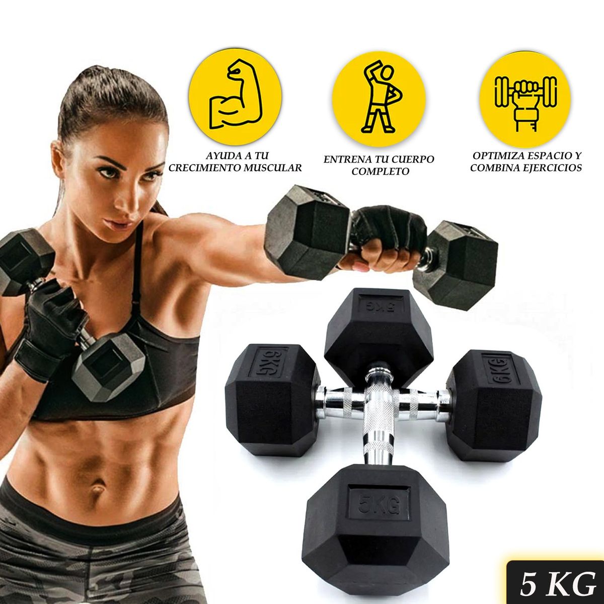 GENERICO - Set De Pesas Mancuernas Hexagonal Metal Cromado X2 5Kg