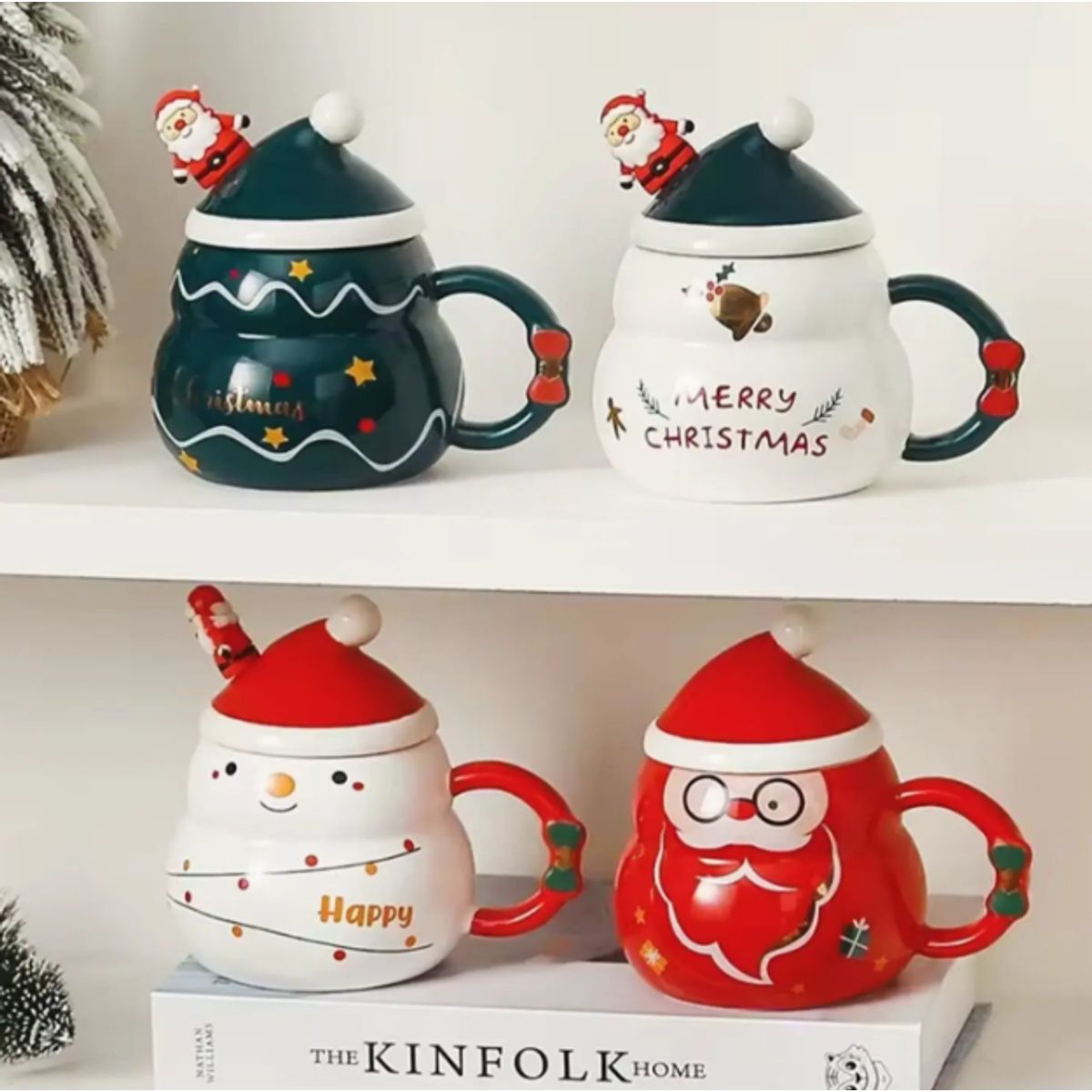 GENERICO - Taza Navideña con tapa de sombrero y cuchara de Papa Noel