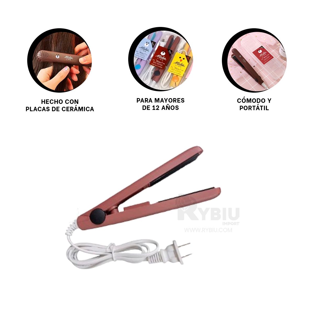 RYBIU IMPORT - Planchador de Pelo Lindo Guinda Y+Banderitas Adhesivas