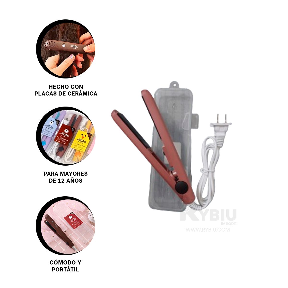 RYBIU IMPORT - Planchador Versatil de Cabello Guinda Y+Ligas de Regalo