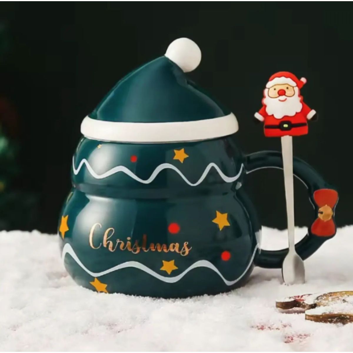GENERICO - Taza Navideña con tapa de sombrero y cuchara de Papa Noel