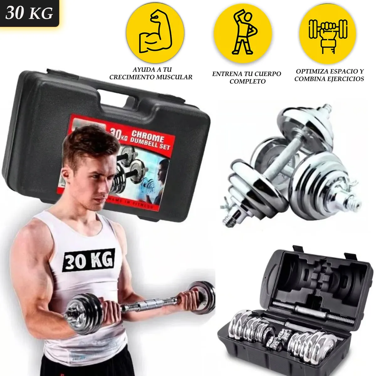YORK - Set de Pesas Mancuernas con Maletín 30Kg Cromado