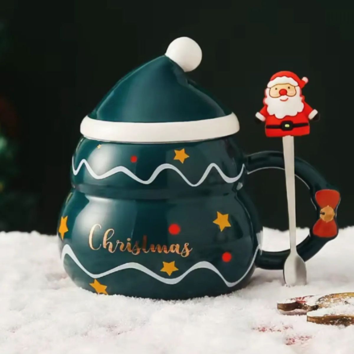 GENERICO - Taza Navideña con tapa de sombrero y cuchara de Papa Noel