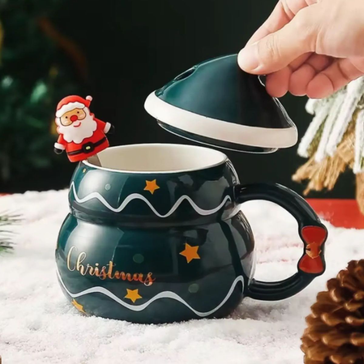 GENERICO - Taza Navideña con tapa de sombrero y cuchara de Papa Noel