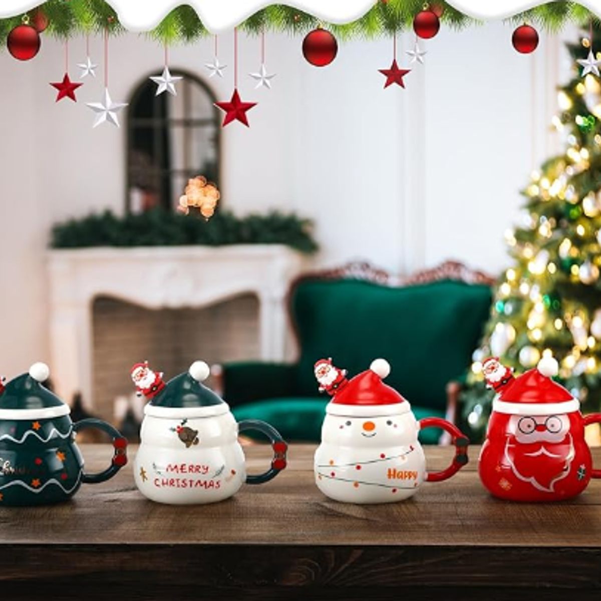 GENERICO - Taza Navideña con tapa de sombrero y cuchara de Papa Noel