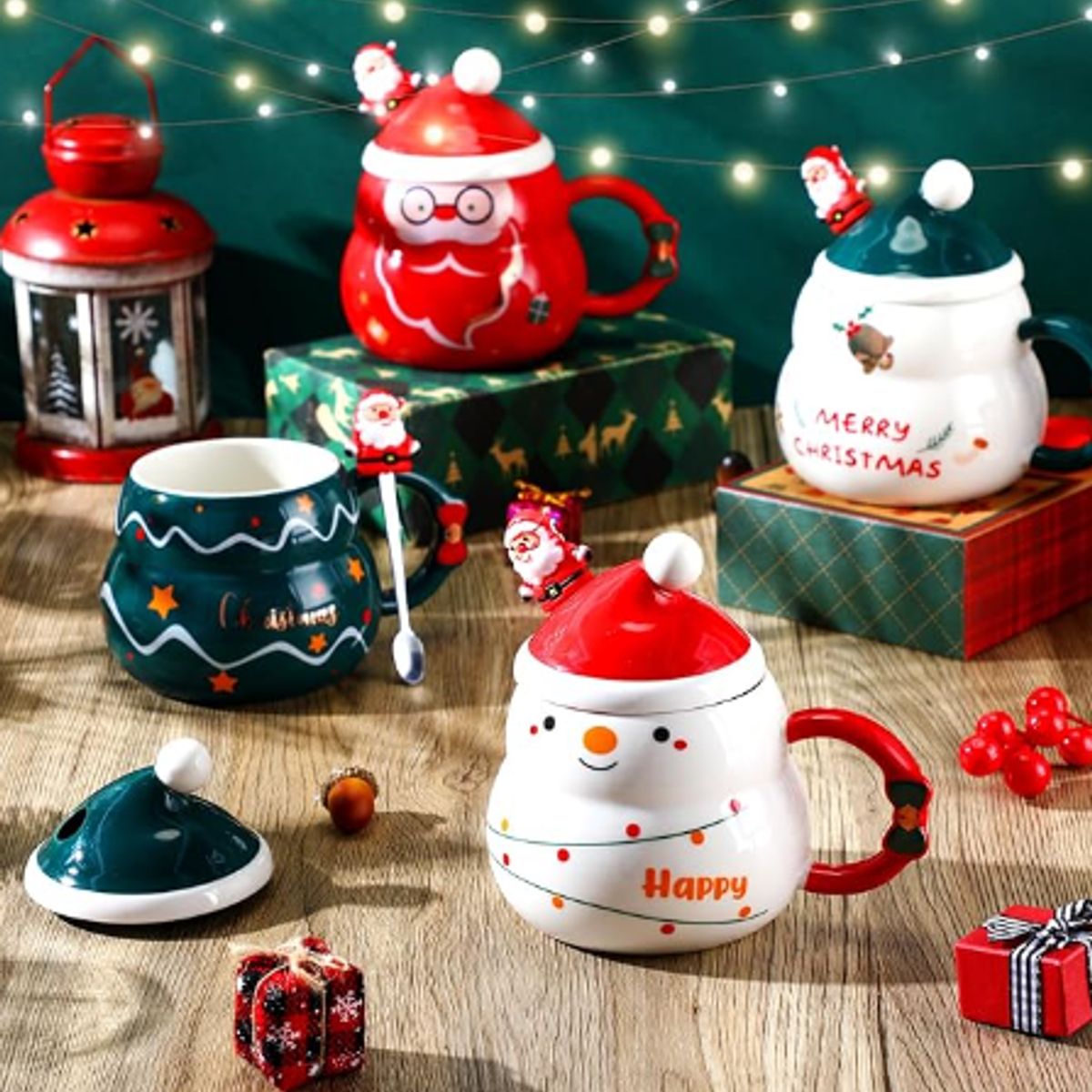 GENERICO - Taza Navideña con tapa de sombrero y cuchara de Papa Noel