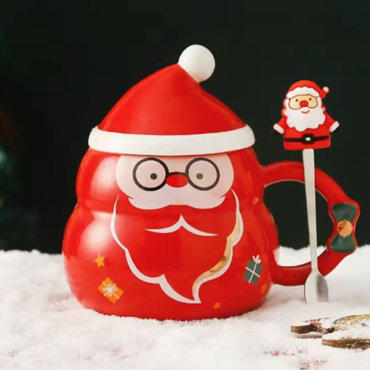 GENERICO - Taza Navideña con tapa de sombrero y cuchara de Papa Noel