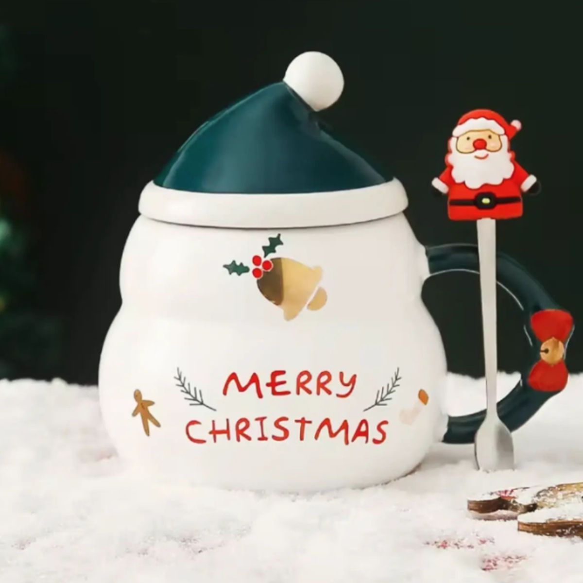 GENERICO - Taza Navideña con tapa de sombrero y cuchara de Papa Noel