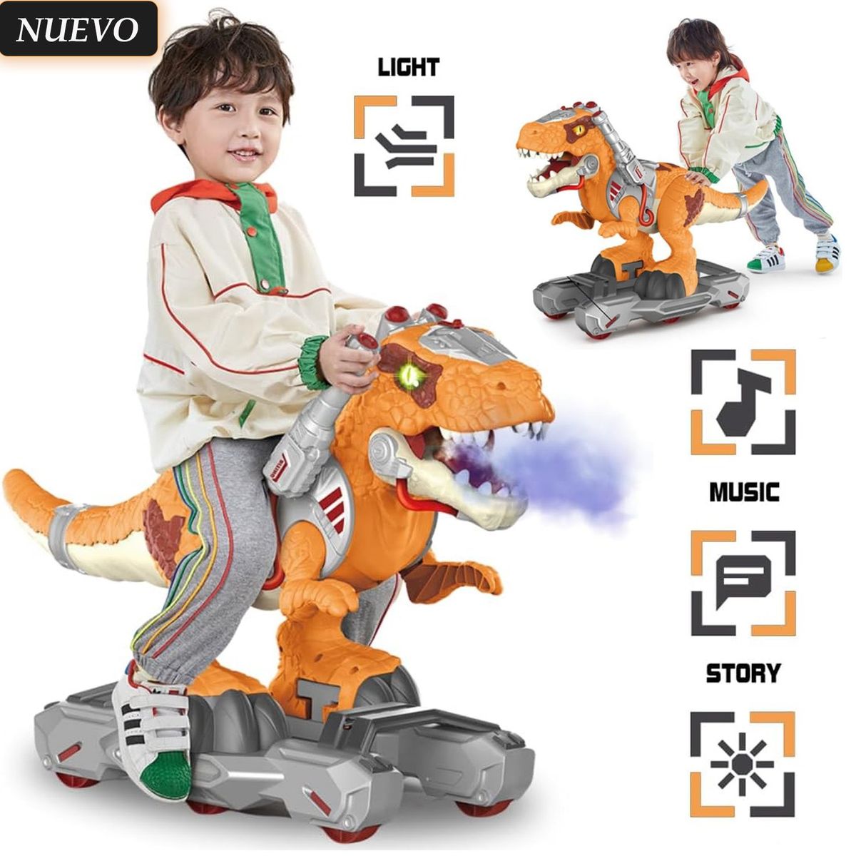 GENERICO - Juguete Scooter Dinosaurio Efecto bota humo Musical y Luces