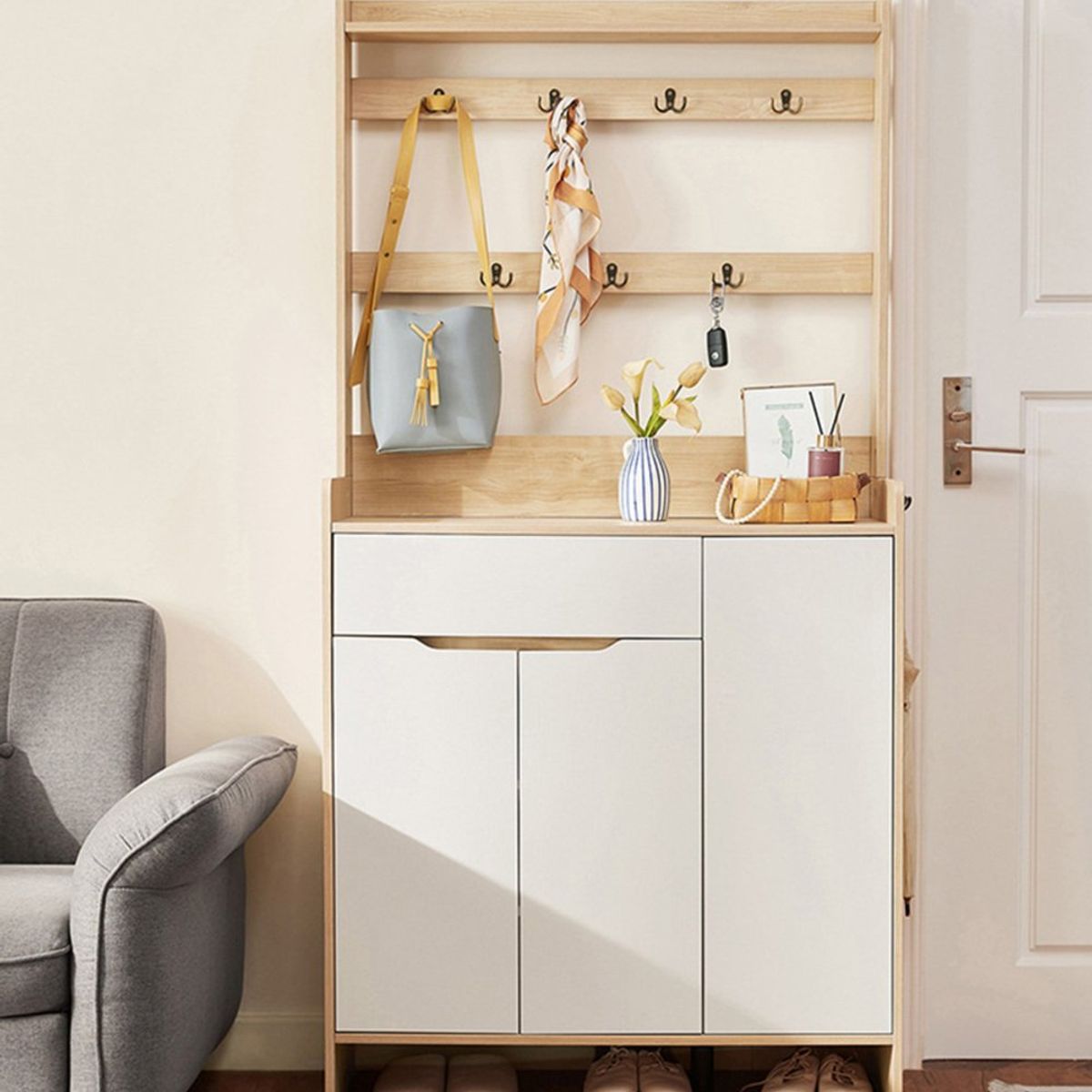 TU MESITA - Zapatera con Perchero Cecilia Duna/Blanco Alto 180cm TU MESITA