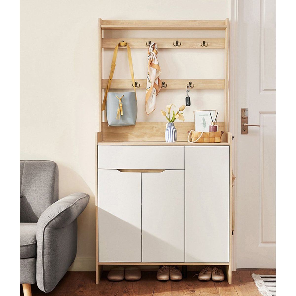 TU MESITA - Zapatera con Perchero Cecilia Duna/Blanco Alto 180cm TU MESITA