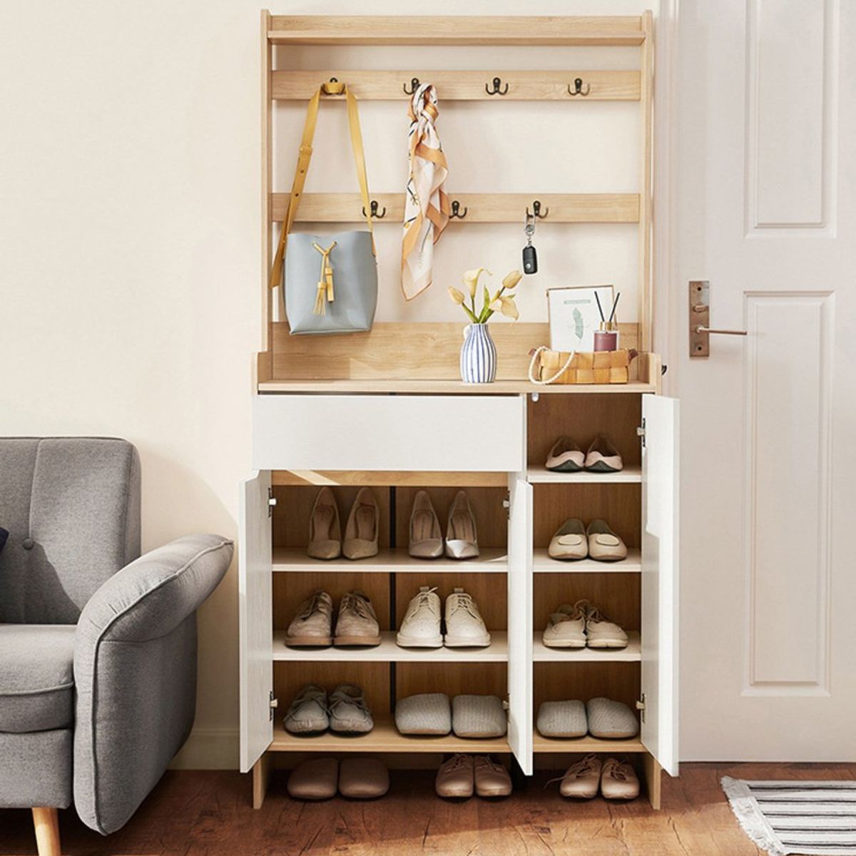 TU MESITA - Zapatera con Perchero Cecilia Duna/Blanco Alto 180cm TU MESITA