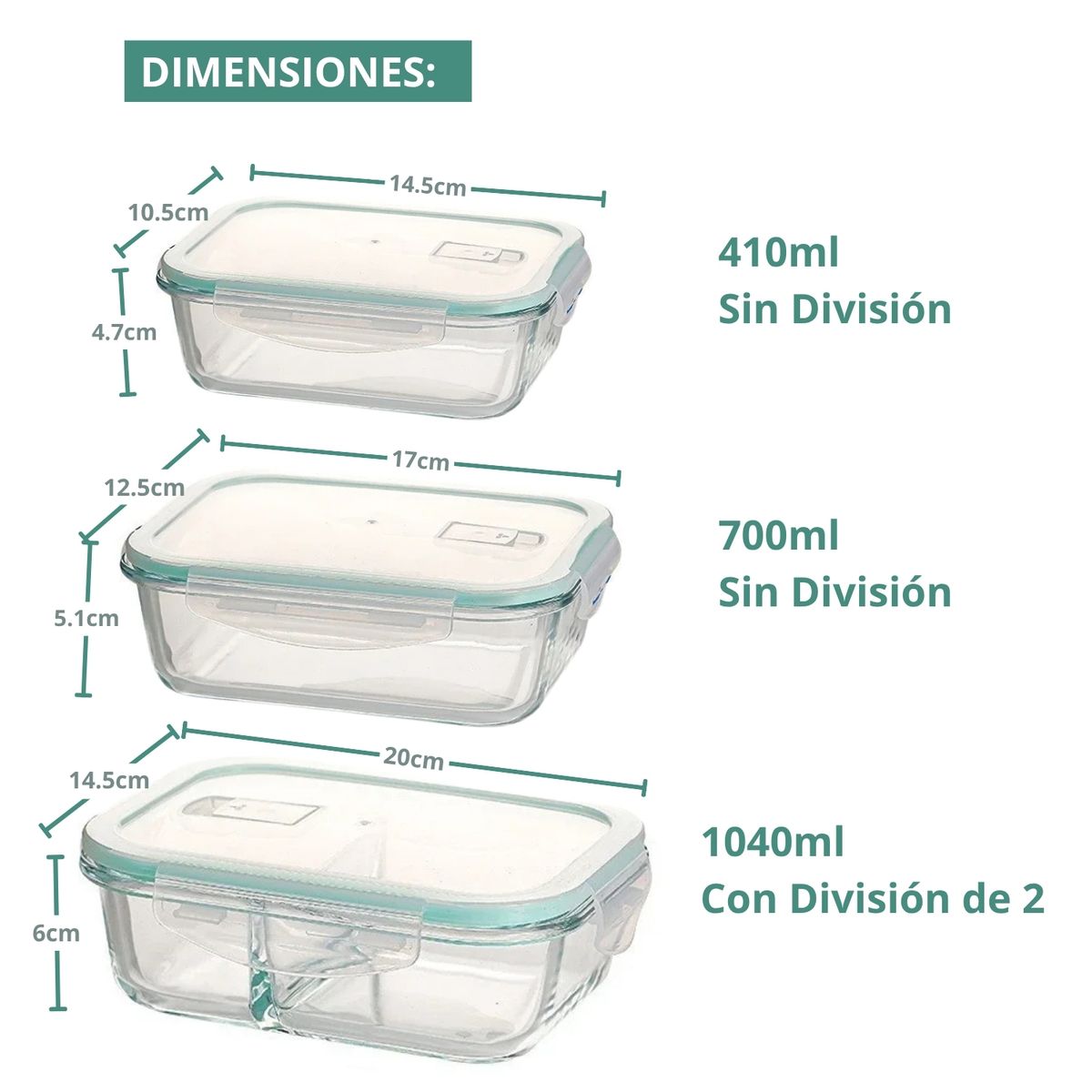 PENTHA - Taper de Vidrio Hermético Rectangular Set de 3 Unidades